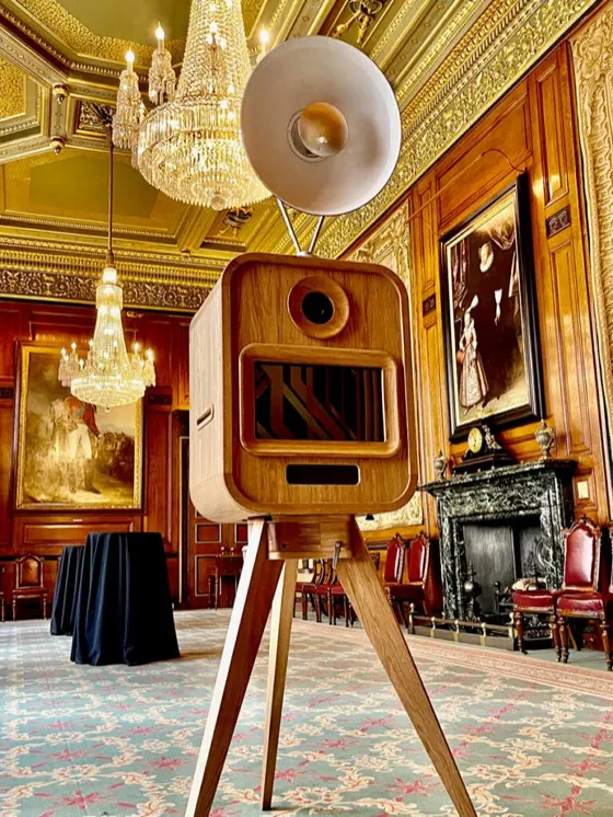Oak vintage photo booth on tripod legs